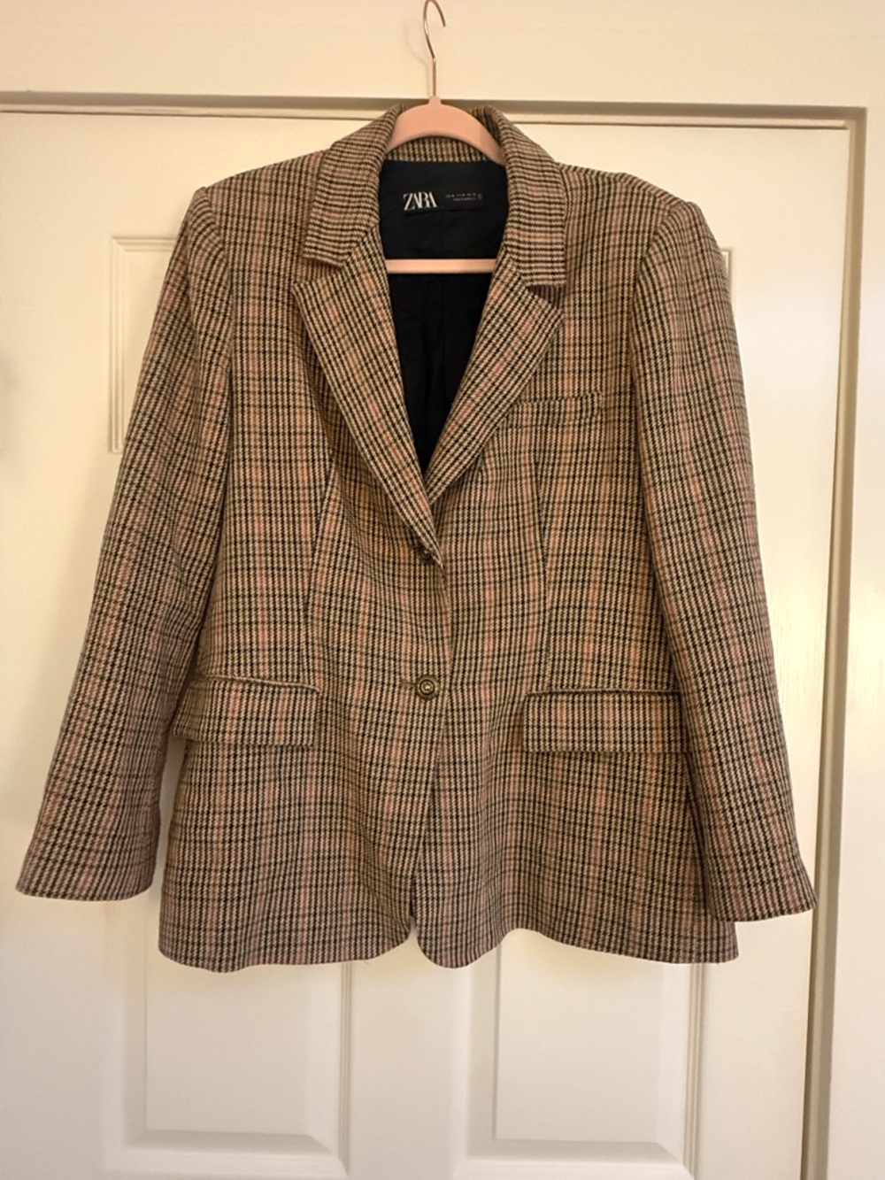 Zara Plaid Single-Button Blazer in Brown and Black